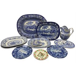 Quantity of 19thc blue and white china to include; Davenport chamber jug with 'Geneva' pattern H23cm, pair of Brameld plates 'Castle of Rochefort', large meat platter in Wild Rose pattern L55cm with three other meat plates including Turnbull and Stepney together with a willow pattern drainer and another