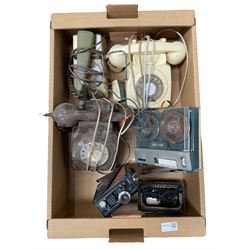 Three vintage telephones, reel tape recorder, Coronet Model B camera and other accessories in one box
