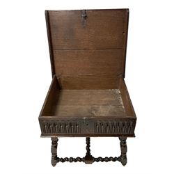 Late 17th century oak bible box, the hinged lid with front mould, the front decorated with stop fluted arcade and initialled 'RG', on later spiral turned stand on splayed form, turned and block supports