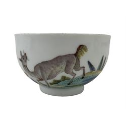 Three Meissen tea bowls, each painted in the Kakiemon palette with mythological beasts and deer amongst rockwork, and with Indianische Blumen, blue crossed swords marks beneath, D7cm x H4.5cm (3) Provenance: From the Estate of the late Dowager Lady St Oswald
