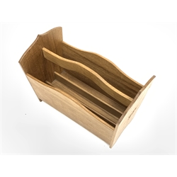 'Eagleman' oak magazine rack with two divisions and adzed and shaped panel end supports, W46cm, H33cm, D25cm