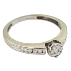 9ct gold diamond cluster ring, with channel set diamond shoulders, hallmarked, total diamond weight 0.25 carat