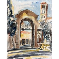 Gereth Spriggs (British 20th century): 'Gate of Villa Celimontana - Rome' , and 'Carcasonne - France', two watercolours signed, titled verso max 39cm x 28cm (2)