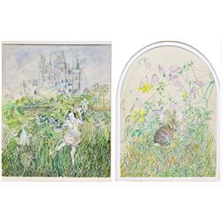 Margaret A M Cuthbert (Scottish 20th century): Jester before Castle and Rabbit with Wild Flowers, two watercolours signed max 21cm x 17cm (2)