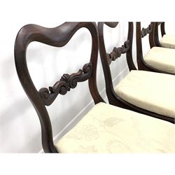 Set eight Regency rosewood dining chairs, with shaped cresting rail and scroll carved back rail over cream damask upholstered drop in seat pads, raised on turned front supports 