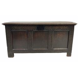 18th century oak three panel coffer, the domed top over lunette carved frieze, raised on stile supports W130cm