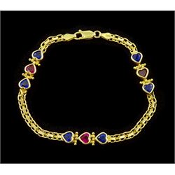 14ct gold pink and blue stone heart bracelet, stamped