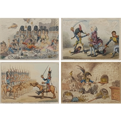 After James Gillray (British 1756-1815): 'L'Infanterie Francaise en Egypte', 'The Hand-Writing upon the Wall', 'Tiddy-Doll the great French Gingerbread Baker...', and 'Evacuation of Malta', four Napoleonic interest hand-coloured engravings pub. in 'The Works of James Gillray from the Original Plates with the Addition of Many Subjects Not Before Collected' by Henry G. Bohn, London c.1847, plates 223, 281, ?, and 42, respectively, max 26cm x 38cm (4) 
Provenance: all purchased by the vendor from Storey's, Cecil Court, London