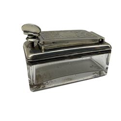 George III  glass rectangular travelling inkwell with engraved hinged silver cover L7cm London 1819
