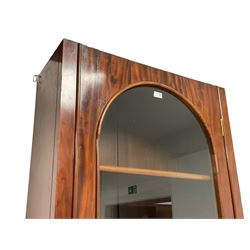 Late 19th century mahogany display cabinet, arch top glazed door enclosing adjustable shelves, raised on plinth base