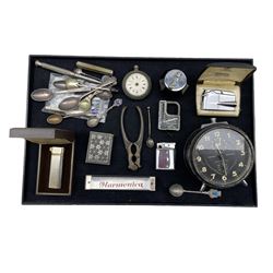 Ingersoll Noiseless alarm clock, Hadson lighter, Art Deco table lighter, Victorian silver-plated pocket watch, Harmonica, Souvenir teaspoons etc 