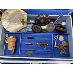Hallmarked 9ct gold ring, silver cased pocket watch, small silver locket, pear necklaces, costume jewellery, jewellery boxes, Whitby jet beads, various small collectors items including metal birds, papier Mache boxes etc
