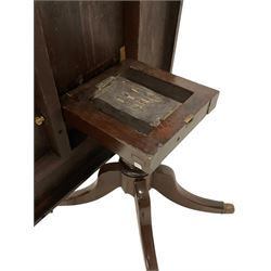 George III mahogany breakfast table, rectangular tilt-top with rounded corners, on turned columns with quadruple splayed supports with brass cups and castors