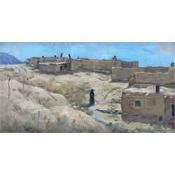 American School (Early 20th Century): 'A Group of Adobes - Santa Fe New Mexico', oil on panel unsigned, titled verso 13cm x 23cm 