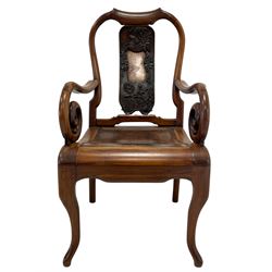Chinese hardwood open armchair, the shaped cresting rail over shaped splat carved with foliate and birds and inset with rose quartz coloured marble panel, scrolling arm terminals and curved panelled seats, the supports joined by a series of vertical stretchers