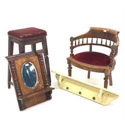 Edwardian walnut tub shaped armchair, 20th century bar stool, Victorian inlaid walnut mirror shelf with oval bevelled plate and a painted wood wall hanging coat rack (4)