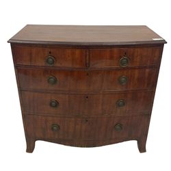George III mahogany bow-front chest, moulded top over two short and three long cock-beaded drawers, shaped apron on splayed bracket feet