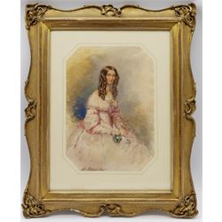 François Théodore Rochard (French 1798-1858): Lady in a Pink Dress Holding a Sprig of Flowers, octagonal watercolour signed 33cm x 24cm