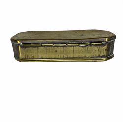 18th century Dutch brass tobacco box with traces of engraving including script, figures in a boat etc L15cm