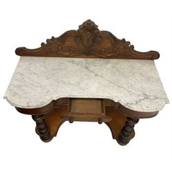 Victorian walnut duchess washstand, the raised back and marble top over one frieze drawer, raised on turned supports with a pot board base W121cm, H100cm, D56cm