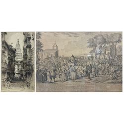 After David Ogborne (British 1700-1768): 'The Dunmow Flitch', engraving laid onto canvas pub. c1752, 36cm x 55cm; Albany E Howarth (British 1872-1936): 'A Street in Toledo', etching signed, titled in the plate 39cm x 22cm (2)