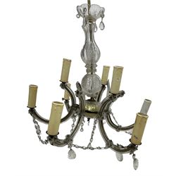 20th century glass and metal nine branch chandelier, D50cm approx