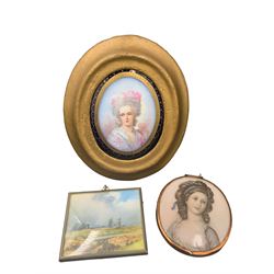 Early 20th century oval porcelain miniature with a half length portrait of Madame Necker within a gilt and cobalt blue border and giltwood frame, inscribed 'Mme Necker' verso, 9cm x 7.5cm, a printed miniature in copper frame and another depicting Reed Harvest at Thurne Dyke, indistinctly signed (3)