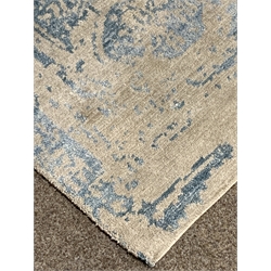  Contemporary shabby silk and wool ground rug, teal faded medallion and decoration on a grey field, 171cm x 240cm  