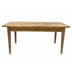 Farmhouse pine dining table, fitted with one drawer, raised on square tapered supports, W168cm, D73cm , H80cm.