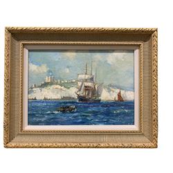 Frank Henry Mason (Staithes Group 1875-1965): 'Pilot Boat Meeting a Tall Ship off Dover', oil on board signed 24cm x 34cm