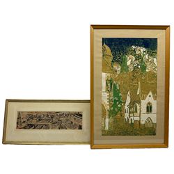 Northern British School (Mid-20th century): Industrial Train Station Scene, watercolour and ink unsigned 10cm x 38cm; English School (20th century): Green & Gold Cathedral, linocut unsigned 53cm x 30cm (2)
