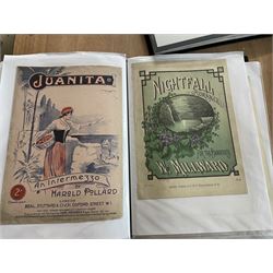 An album of Victorian and later sheet music covers to include Taming of the Shrew, Nursery Rhymes, Mandolina Mexican Serenade, Pretty Lips, Saucy Poll Quadrilles, Joan of Arc and other related titles (approx 40, plus later printed covers) Provenance: From the Estate of a Local private collector
