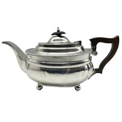 Edwardian silver rectangular teapot with gadrooned edge, ebonised handle and lift on ball feet London 1908 Maker C S Harris & Sons 17oz gross