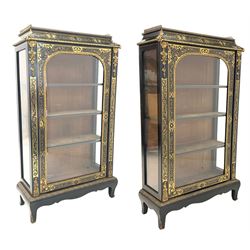 Pair of 20th century ebonised display cabinets, pierced brass gallery to top over floral cut brass inlay and gilt metal mounts, glazed door and sides enclosing three shelves  W80cm