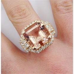 18ct rose gold cushion cut morganite and round brilliant cut diamond cluster dress ring, morganite approx 8.35 carat, total diamond weight approx 1.05 carat