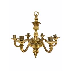Quality 20th century cast gilt brass chandelier, the central faceted octagonal baluster column supporting six leaf cast and fluted branches W63cm