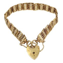 9ct gold five bar gate bracelet with heart locket clasp, hallmarked
