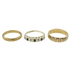 Gold sapphire and diamond ring and two gold bands, all hallmarked 9ct 