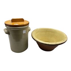 19th century earthenware bread pancheon D41cm together with a stoneware storage jar and cover (2)