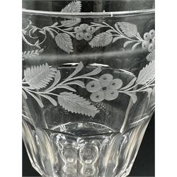 William IV large glass goblet with floral etched decoration and initialled 'L C', slice cut bucket shape bowl, the baluster stem inset with a silver four pence coin 1836 H18cm