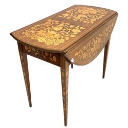 Dutch marquetry Pembroke table inlaid with stylised flowers, drawer to each end, raised on square tapering supports W94cm