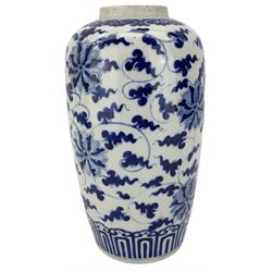 19th century Chinese porcelain vase and cover, of tapered form, painted in underglaze blue with stylized flowers and scrolling foliage, within a ruyi lappet border, H25cm 