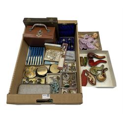 Meerschaum pipe in case, other pipes, costume jewellery, cutlery, Norah Wellings doll etc in one box