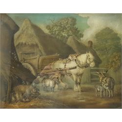 Benjamin Zobel (German/British 1762-1830): Animals in the Farmyard, 'Marmotinto' sand picture signed with initials 47cm x 59cm