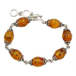 Silver oval Baltic amber link bracelet, stamped 925