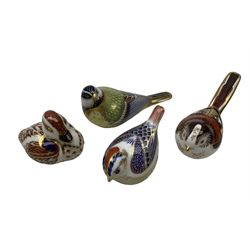 Four Royal Crown Derby bird paperweights, including a Great Tit and Long Tailed Tit, all with gold stoppers, Clarice Cliff Crocus pattern teacup, saucer, tea plate and plate 