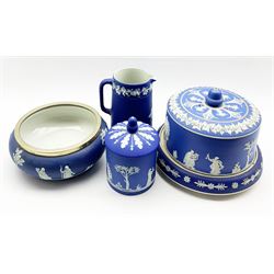 Victorian Jasperware cheese dome on stand, a similar cylindrical jar and cover, Wedgwood jug and bowl, with silver-plated mounts (4)