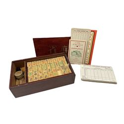 Mah-Jongg set with bamboo pieces in wooden box with lift out trays