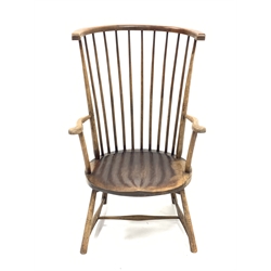20th century beech high comb back chair on turned supports with H shaped stretcher, H104cm