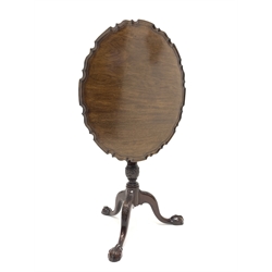20th century Georgian style mahogany tripod table, circular moulded pie crust tilt top on turned and fluted column, three out splayed acanthus carved supports with ball and claw feet, D76cm, H76cm